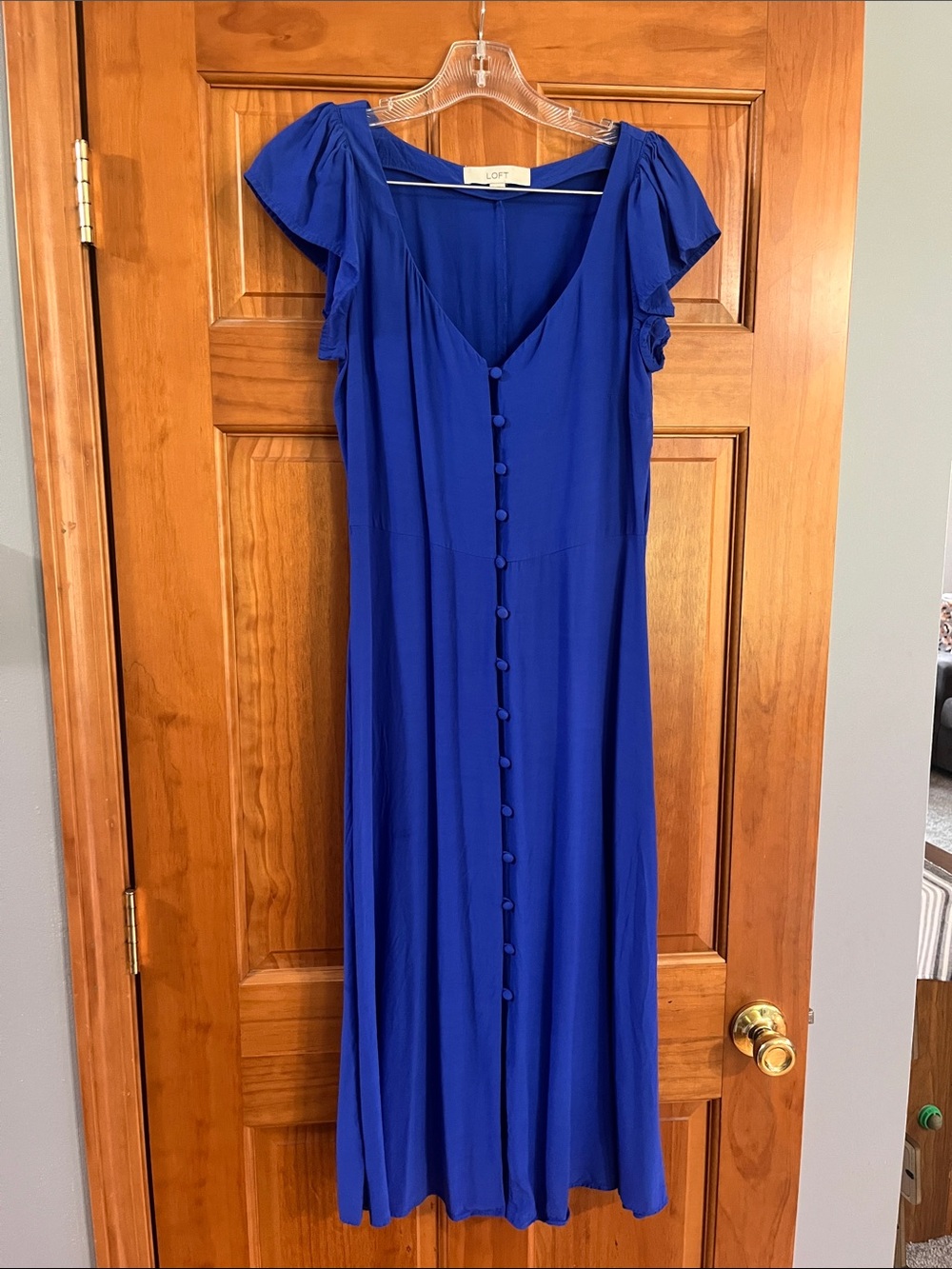 LOFT Cobalt Blue Button-Front Midi Dress with Flutter Sleeves